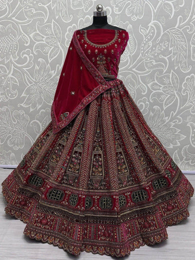 Stunning Pink Velvet Hand Mirror Work Bridal Lehenga Choli With Dupatta - Ethnic Plus In